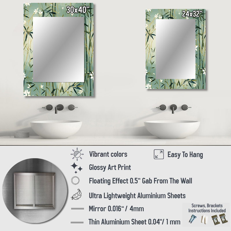 Zahavah Bamboo Zen Haven - décor de miroir mural unique oriental, grand miroir oriental, impression d'art en métal
