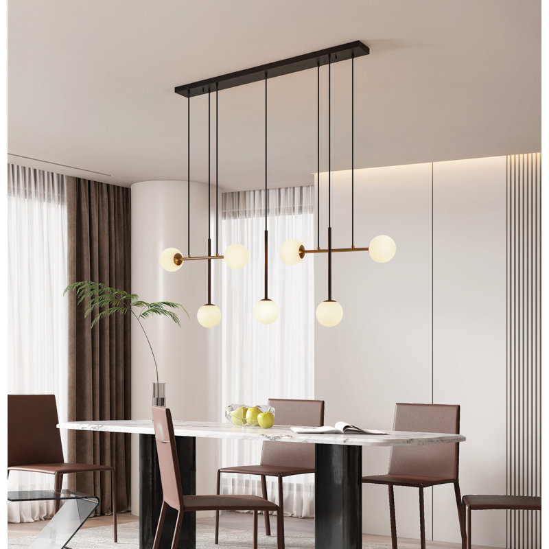 Luminaire suspendu 7 lumières Ved noir et or brossé avec abat-jour en verre blanc Ved