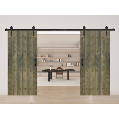 Paneled Wood and Metal Series DIY Double Barn Door with Installation Hardware Kit