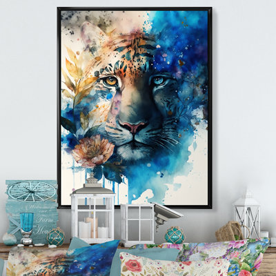 Portrait de tigre avec fleurs II - tigre, reproduction sur toile encadrée