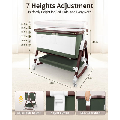 4 in 1 Baby Bassinet Bedside Sleeper & Co-Sleeper W/ Mattress, Wheels, Storage Basket, Adjustable 7 Heights, Mosquito Net, Breathable Mesh Cradle for Infants Toddler,Green