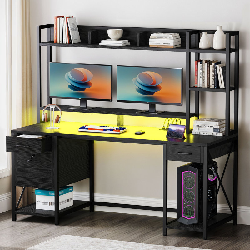  59" Computer Desk With Storage Hutch, LED Lights & Power Outlets, Home Office Desk With Lockable Drawers & Monitor Stand
