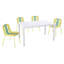 Paquet de 4 chaises à blocs de couleur moderne à rayures avec table longue blanche 55 po Summer - Intérieur, extérieur, résistant aux rayons UV, pieds en métal robustes, sièges en PP confortables
