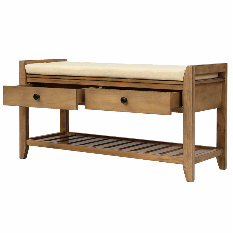 Multipurpose Entryway Shoe Storage Bench with Cushioned Seat and Drawers, Old Pine