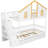 Twin Size Wooden House Roof Bunk Bed with Window Door and Roof,Storage Staircase and Trundle,White+Natural-615802007