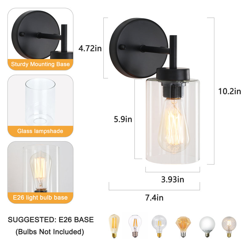  Alacam 1 - Light Bath Sconce Wall Light with Glass Shade, Black Glass Wall Sconces for Toilet, Hallway, Staircase, Living Room, Bathroom Dining Room-10.2'' H X 3.93'' W