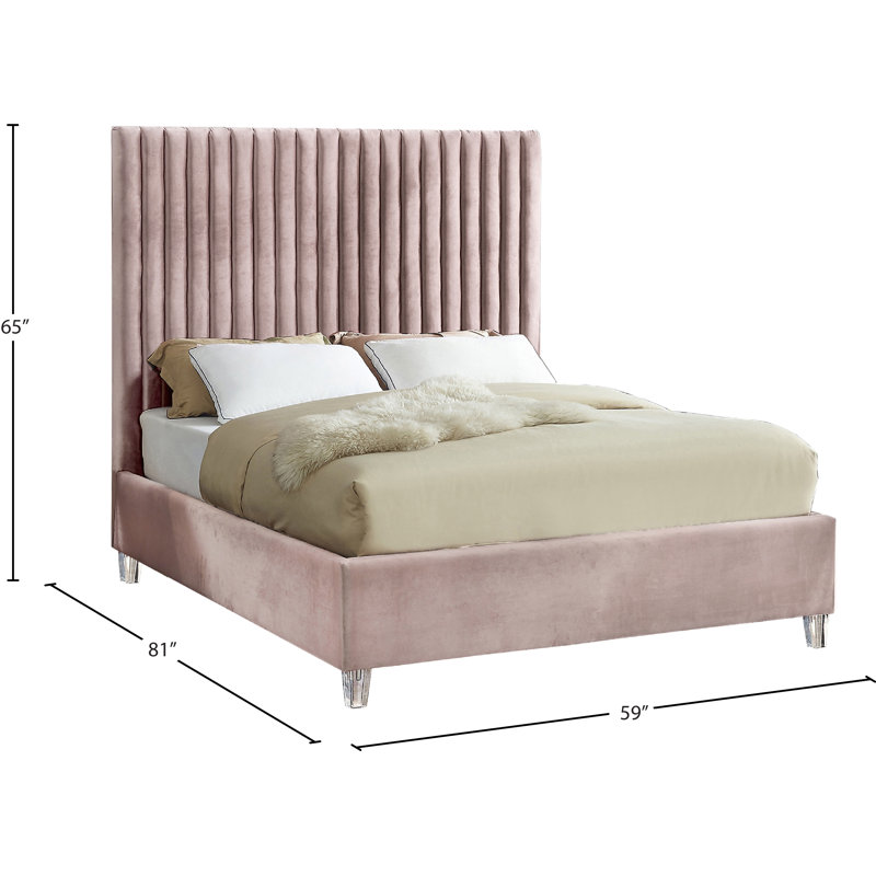 Upholstered Platform Bed, Full, Pink Velvet