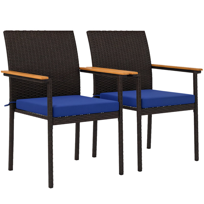 Ensemble de 2 chaises de patio empilables en osier avec coussins, bleu marine Stacking, Bleu