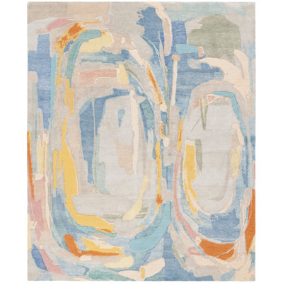 Tapis abstrait en laine / soie / coton noué à la main Saint Tropez en jaune / bleu / rose