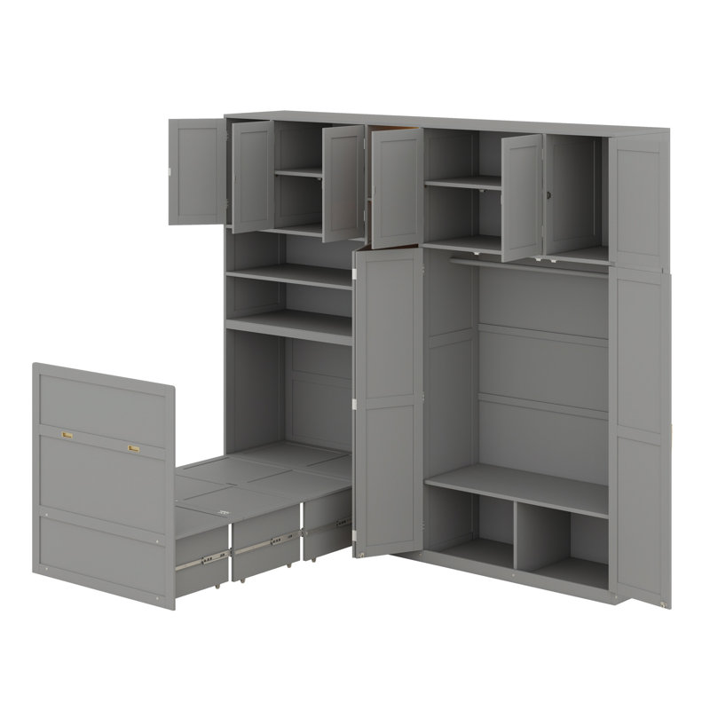 Lit armoire Murphy avec garde-robe et tablettes de rangement, tablettes à DEL et armoires suspendues, Gray