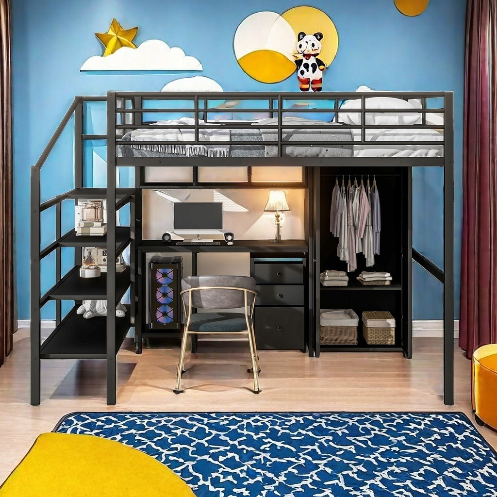Isabelle & Max™ Metal Loft Bed With Table Set And Wardrobe, Full, Black ...