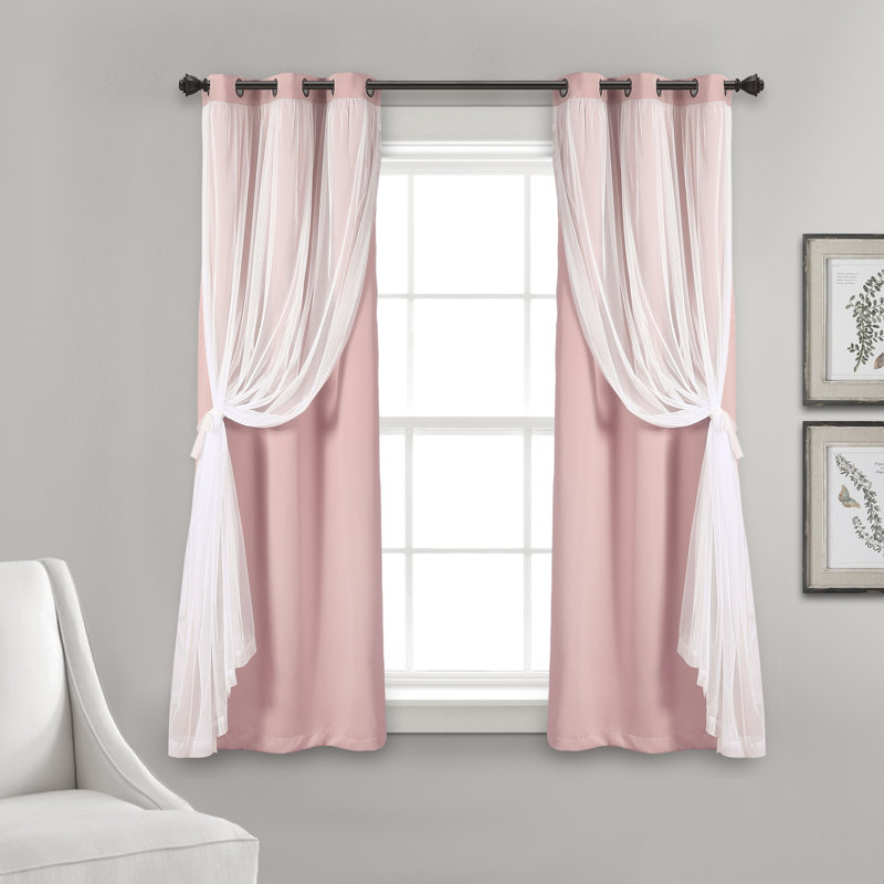 Pink Polyester Blackout Grommet Window Panels with Sheer Overlay