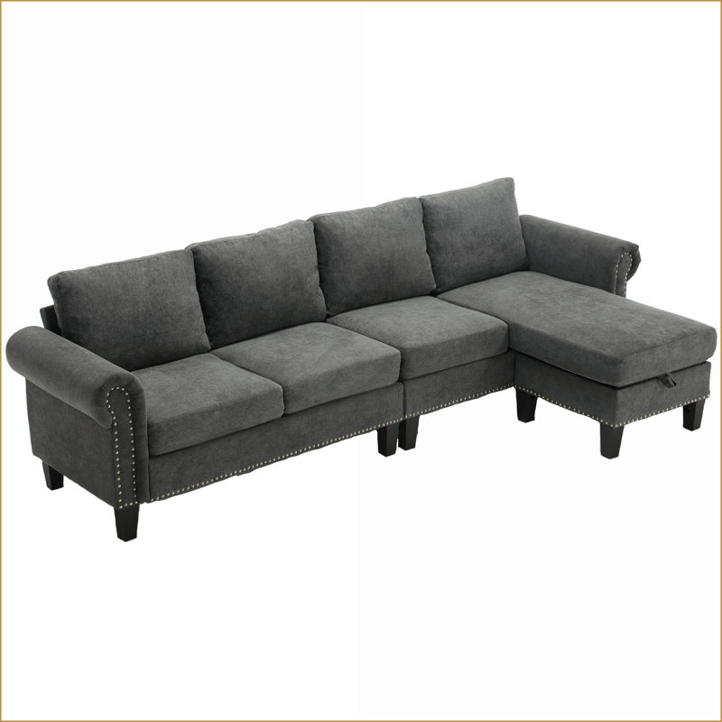 Canapé modulaire convertible avec rangement, velours flocon de neige moderne 4 places pour le salon | Gris ardoise | Cadre en bois