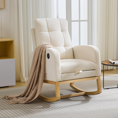 Chair with Nursery Rocking Chair - Linen Upholstered Glider Rocker with Side Pocket, Footrest, High Back Nursing Chair with Wood Legs, Modern Accent A