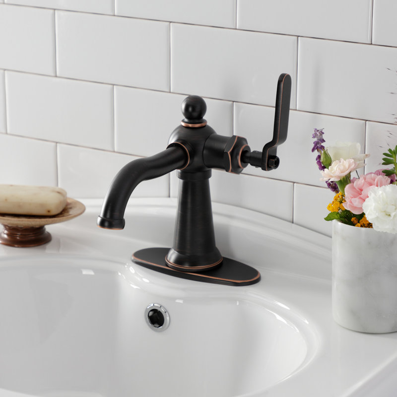 Kingston Brass Knight Single-Handle 1-Hole Deck Mount Bathroom Faucet with Push Pop-Up and Deck Plate, Lever Handle