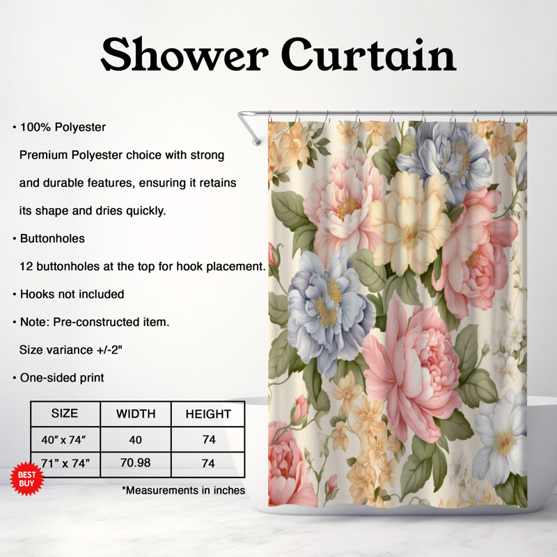Darling Flora - Rideau de douche standard 1 pièce, H 74 po x l 71 po