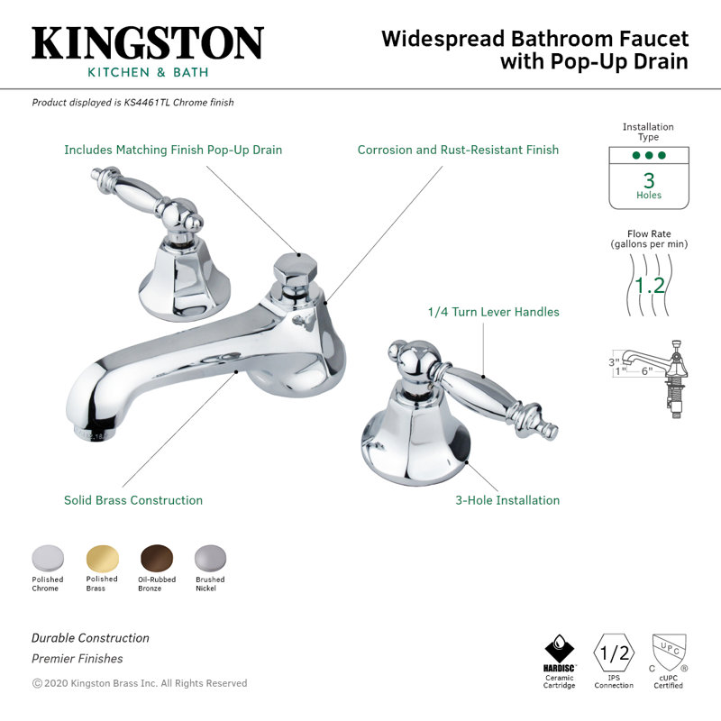 Kingston Brass Metropolitan Two-Handle 3-Hole Deck Mount Widespread Bathroom Faucet with Brass Pop-Up Drain, Polished Chrome