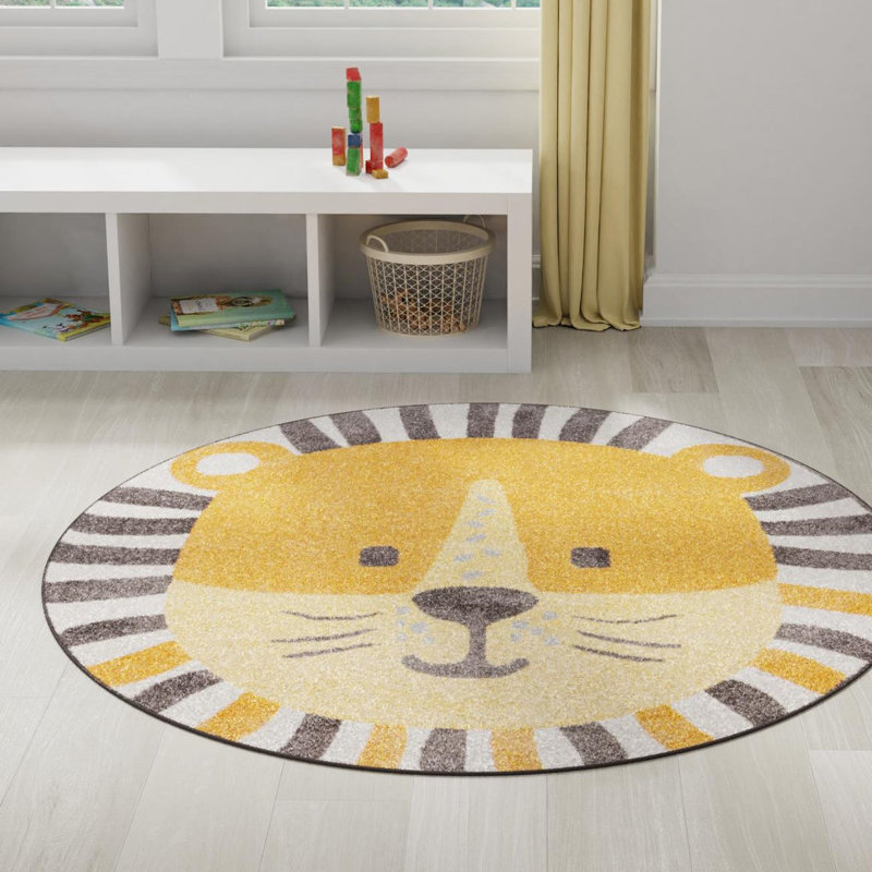 Tapis pour enfant Whimsy Lion, Rond 7 pi 10 po, Gris / Orange