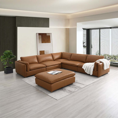 Fauteuil modulaire en cuir grainé brun Brighton
