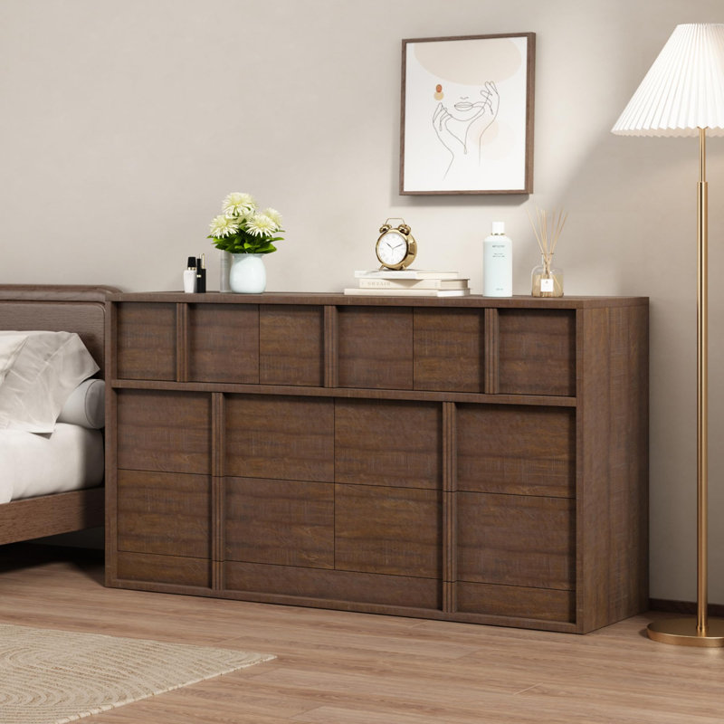 Meuble télé 54 po avec 7 tiroirs, console en bois pour téléviseur de 65 po ou moins, meuble audio-vidéo moderne avec poignées élégantes