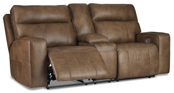 Caramel Brown Leather Power Reclining Loveseat with Cup Holder