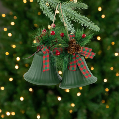Christmas Bells With Pinecones And Plaid Bow Ornaments - 7" - Set Of 2