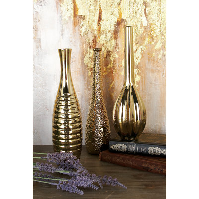 Ceramic Slim Textured Bottleneck Decorative Vase with Varying Patterns Set