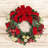 Holiday Wreath with Red and Gold Ornaments, Berries, Pinecones and Ribbon