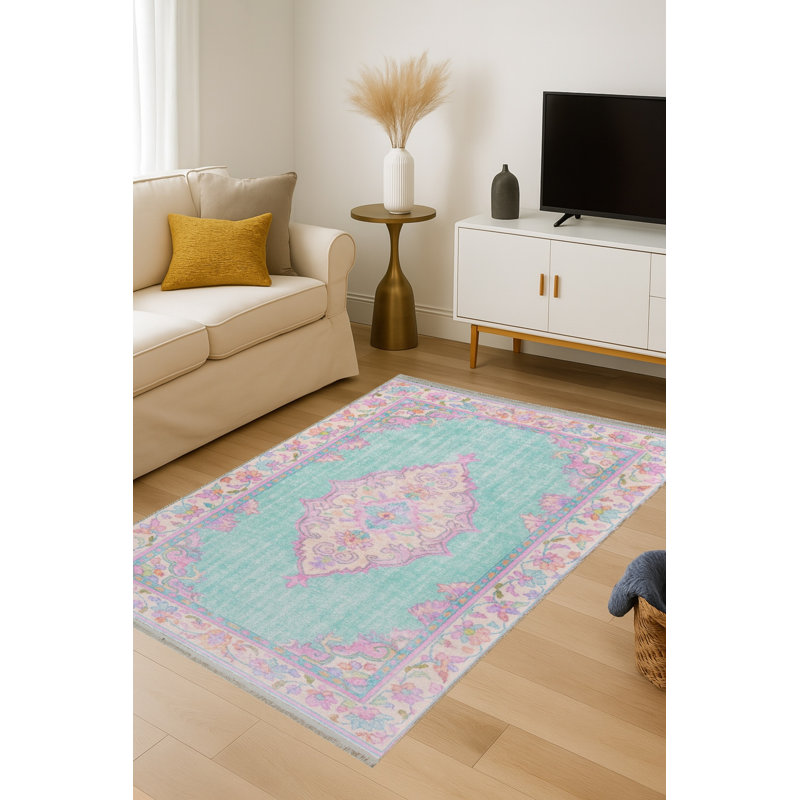 Tapis bleu tissé à envers lavable traditionnel Mosso, 3'3" x 9'10"