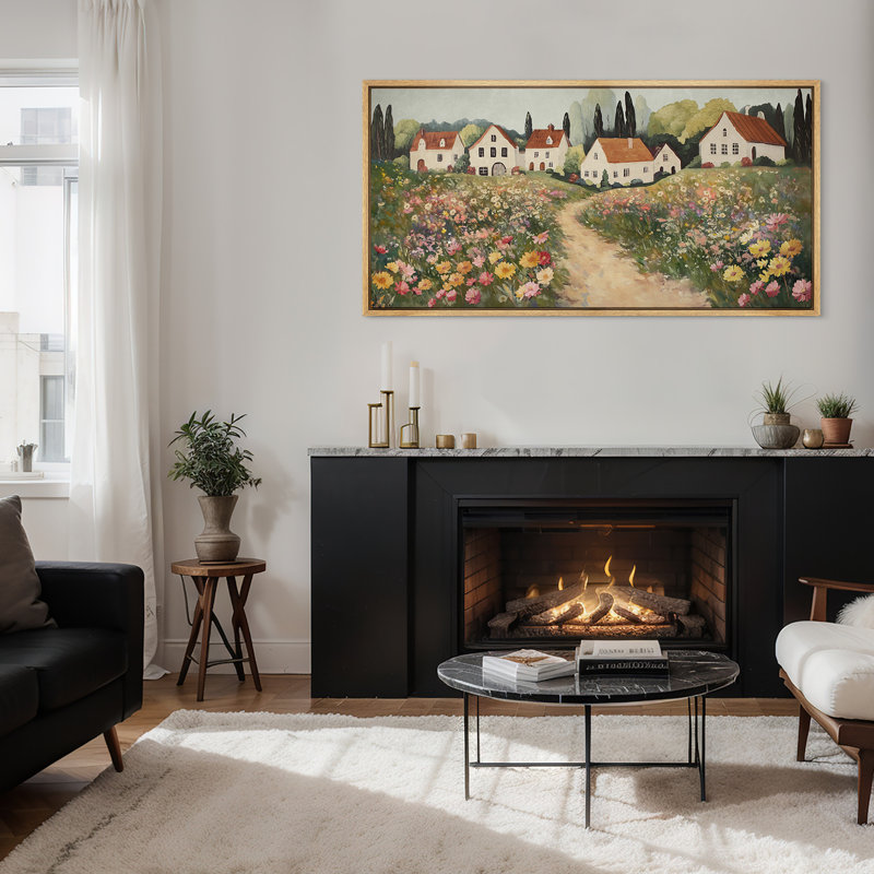 Charmante maison de campagne avec toile encadrée - Champ de fleurs et scène de village pour décor de ferme, H 30 po x l 60 po