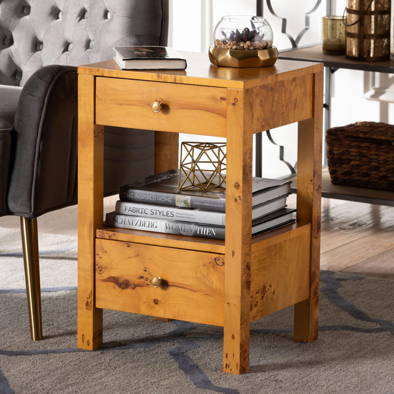 Edmeo Modern And Contemporary Natural Light Mappa Burl Wood 2-Drawer Nightstand