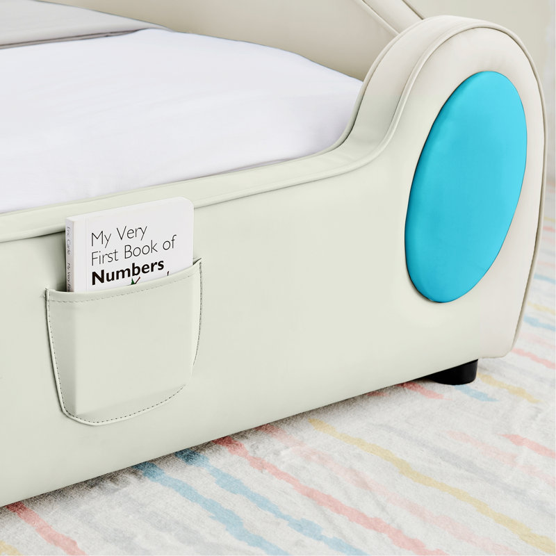 Lit pour chambre à coucher, lit avec garde-corps, poche de rangement, Beige,Blue