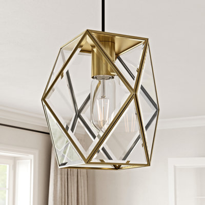 Modern Geometric Brass Glass Pendant Light, Hardwired E26 Single-Light Hanging Lantern for Dining Room, Kitchen Island & Entryway