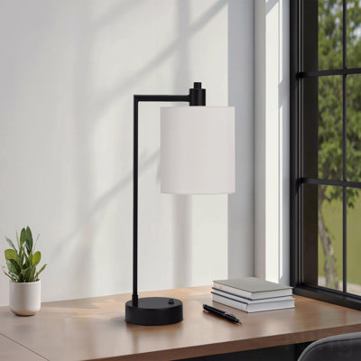Lampe de table - H 19 po, port USB inclus, métal noir, ivoire et abat-jour crème