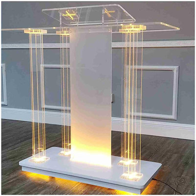 Illuminated Acrylic Podium with LED Lights, Thickened Base, 4 Wheels & Movable Bookshelf - Transparent Modern Lectern for Churches, Weddings, and Press Conferences