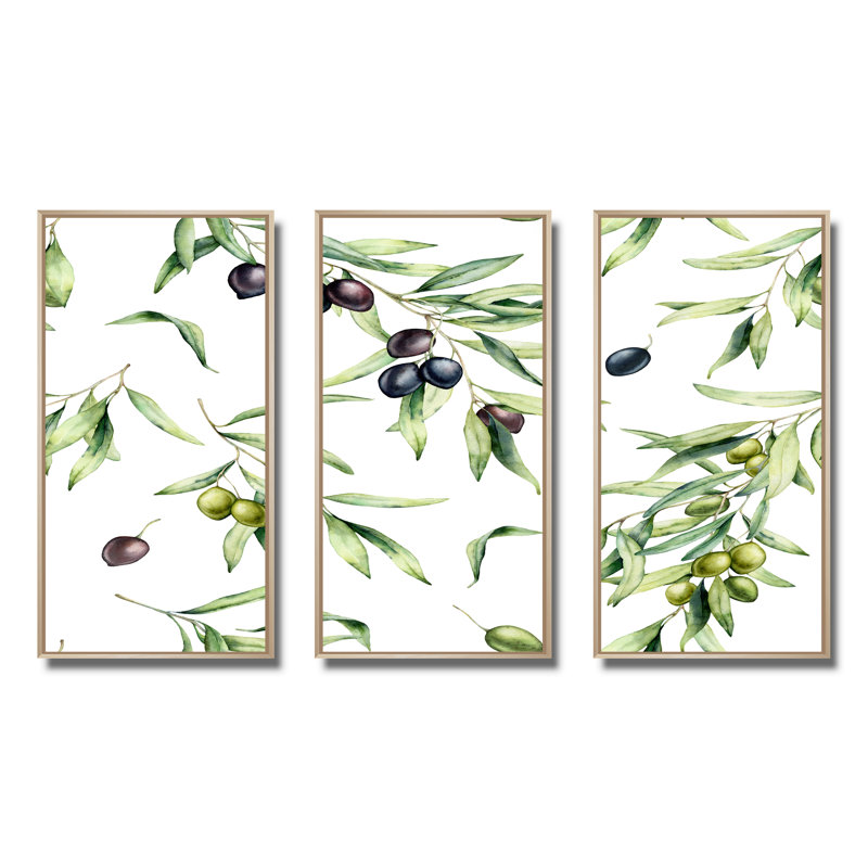 «Green and Black Olives With Olive Branches & Leaves», peinture sur toile 3 pièces, H 28 po x l 36 po, Érable