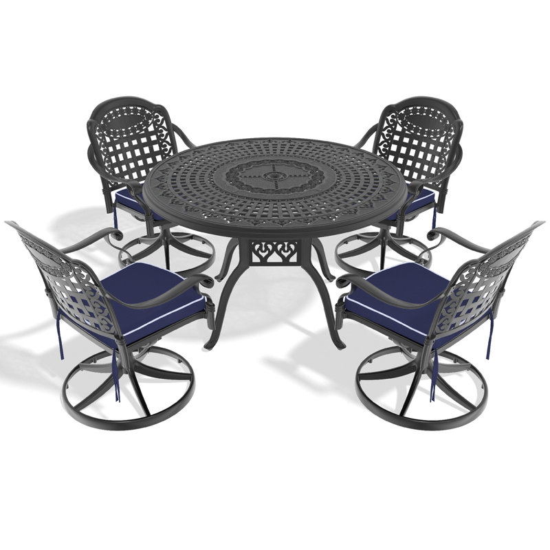 Solution de table d'extérieur toutes saisons, table ronde de 47,24 po et 4 chaises pivotantes, fonte d'aluminium, noir, résistance, sièges confortables