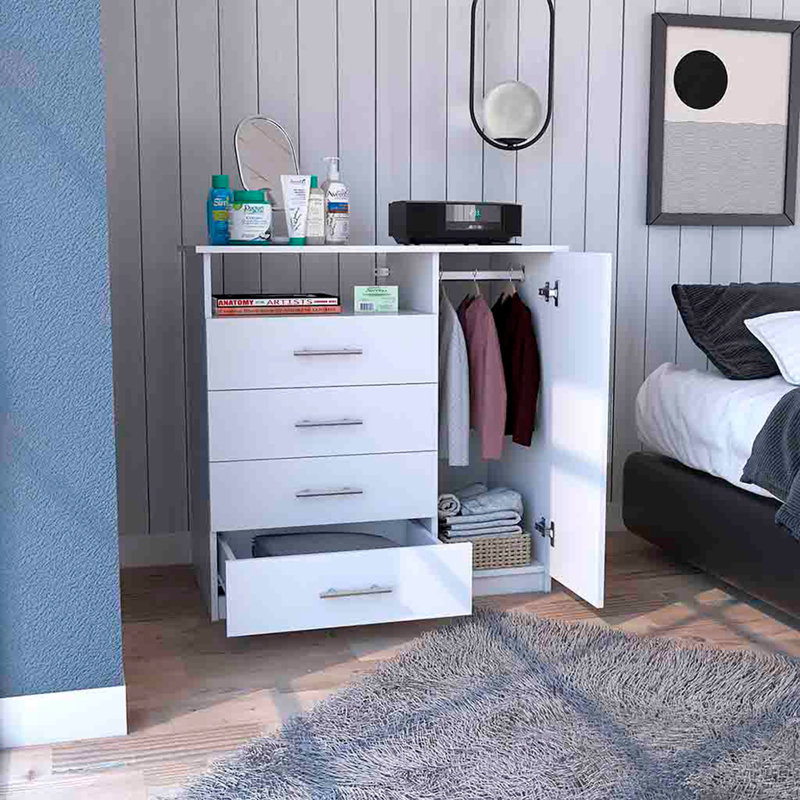 Commode 4 tiroirs, 1 tablette ouverte, plateau supérieur, armoire à une porte, blanc, Blanc