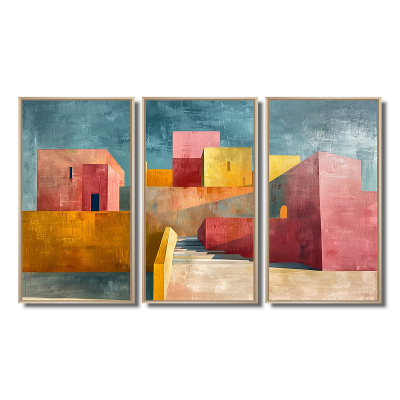 Erving - Ensemble de décorations murales City Buildings, H 40 po x l 20 po x P 1 po, Toile naturelle avec cadre flottant