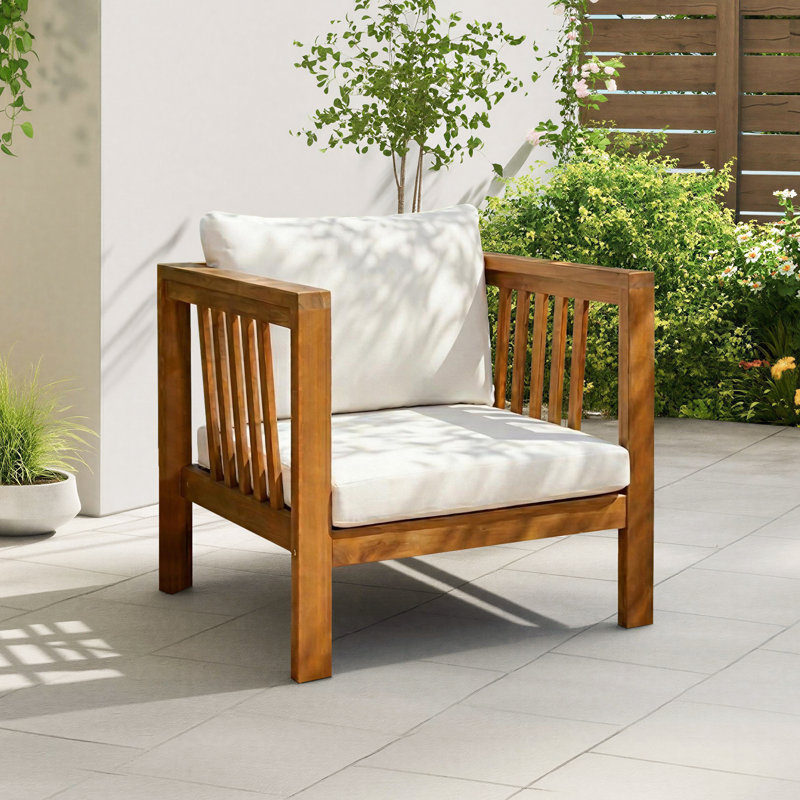 Abdel Outdoor Acacia Wood Club Chair with  Cushions, Beige