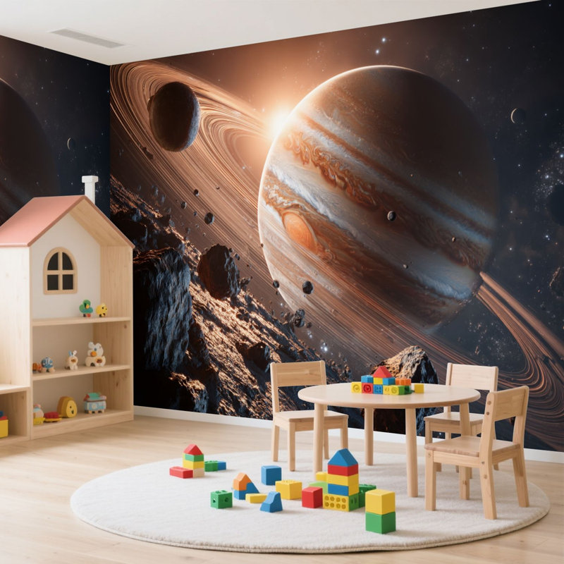 Papier peint adhésif pelez et collez Scène de l'espace extra-atmosphérique Lunes géantes gazeuses Ceinture d'astéroides Lointain soleil Art mural auto-adhésif et amovible