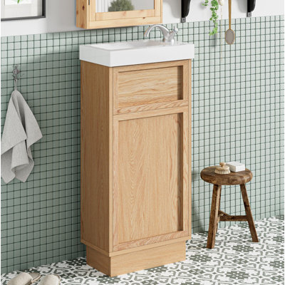 Space-Saving 15.75" Vanity with Reversible Sink - Push-to-Open Door MDF Cabinet, Adjustable Storage & Rustic Wood Grain Finish