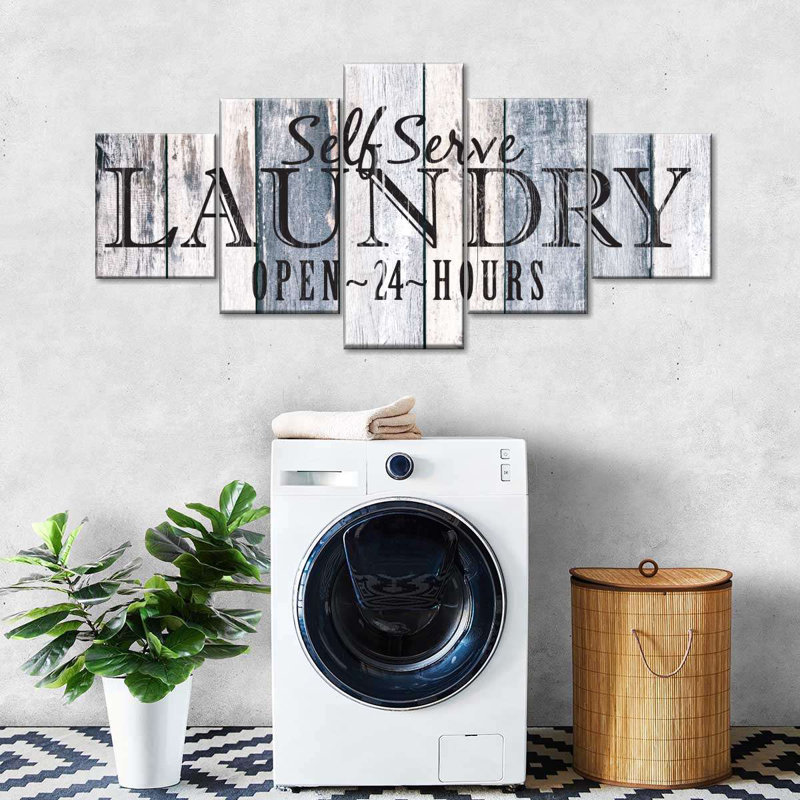 Ensemble de 5 pièces inspirantes et typographiques 24 heures de lessive sur toile, H 34 po x l 74 po x P 1,25 po
