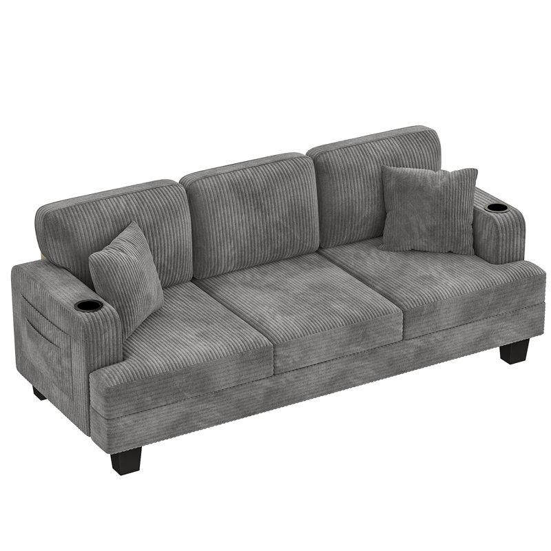 84" Corduroy Sofa Couch With 3 Seats, Upholstered Sofa With Square Armrests For Living Room Apartment, Gray