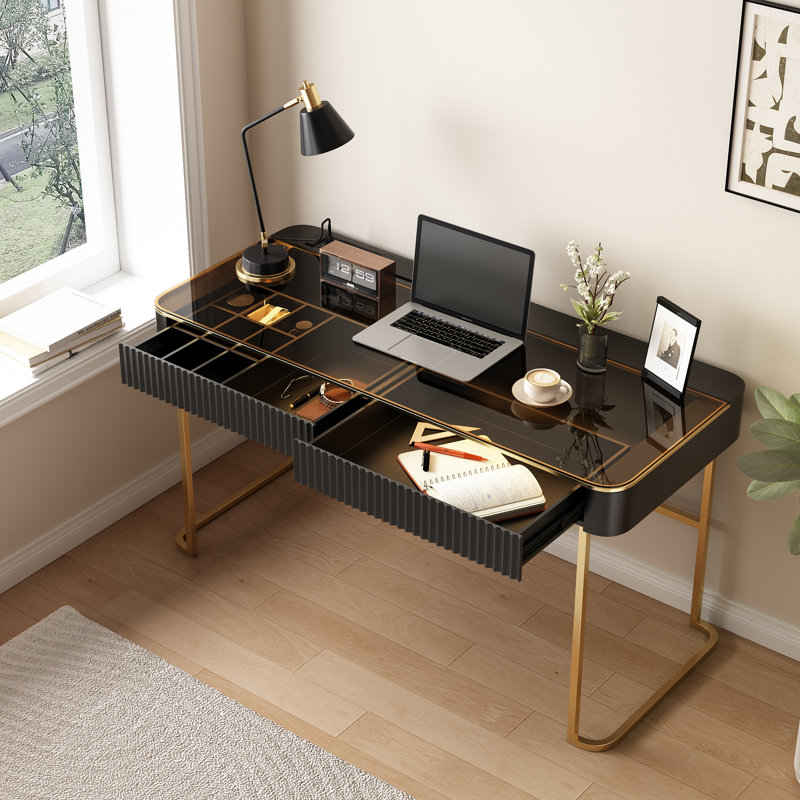 Bureau à domicile de haute qualité, prise de courant, plateau en verre, très facile à assembler, Noir et or