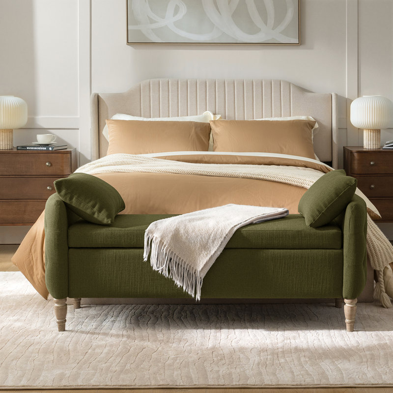 Aristides Farmhouse 59"W Flip Top Storage Bench With Two Pillows and Solid Wood Legs, Moss