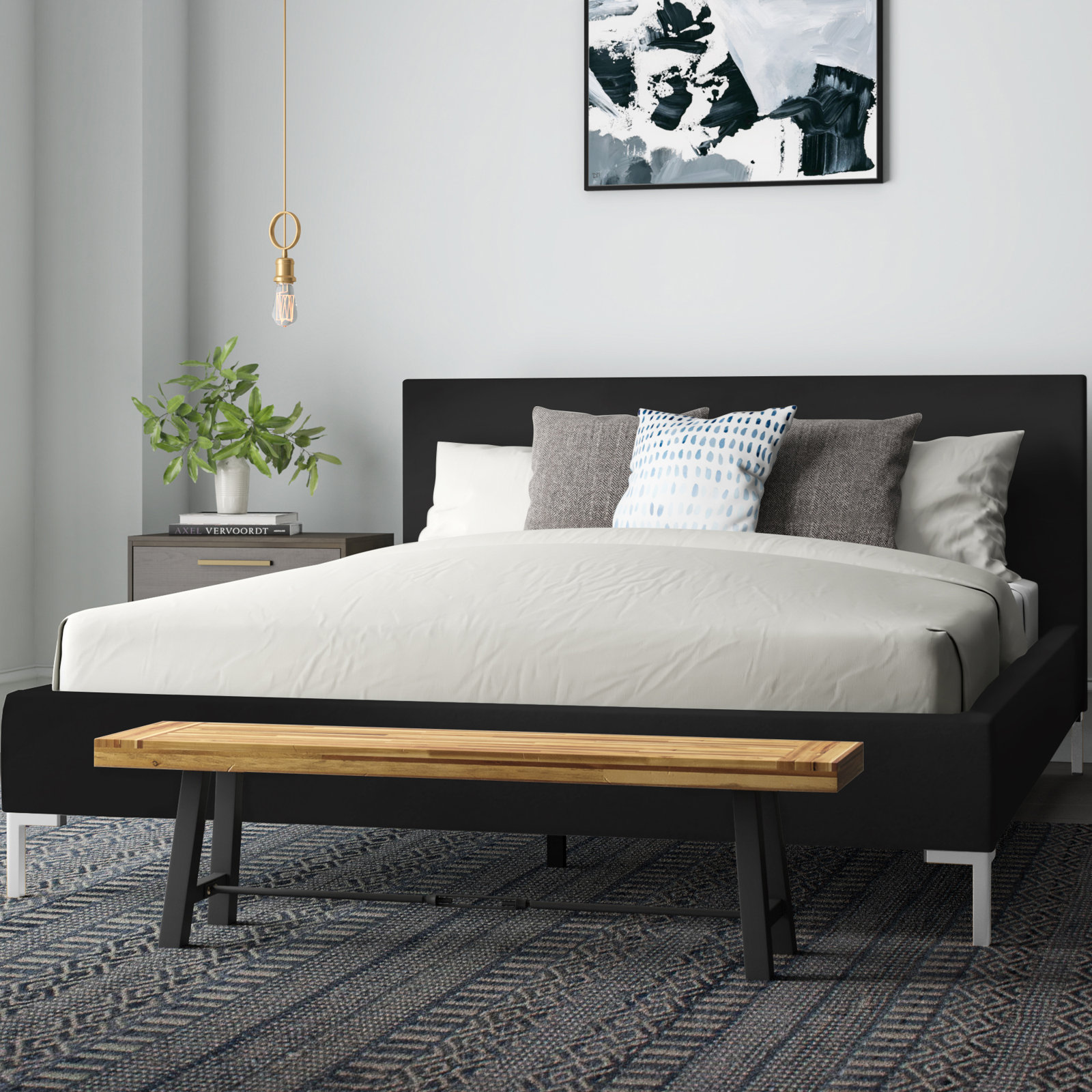 Rand Upholstered Bed, Queen, Bella Light Gray Performance Velvet, Black Wood