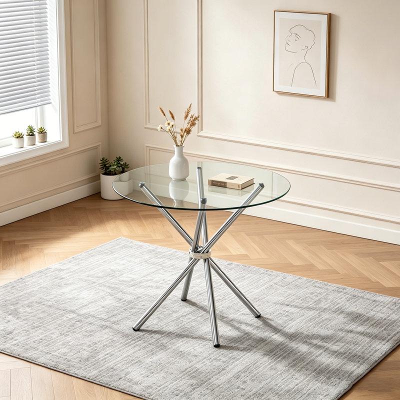 Table de salle à manger ronde en verre transparent, Argent