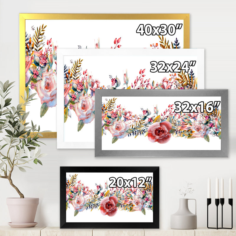 «Pink Roses And Wildflower», reproduction d'art sur toile, H 16 po x l 32 po x p 1 po, Encadrement doré