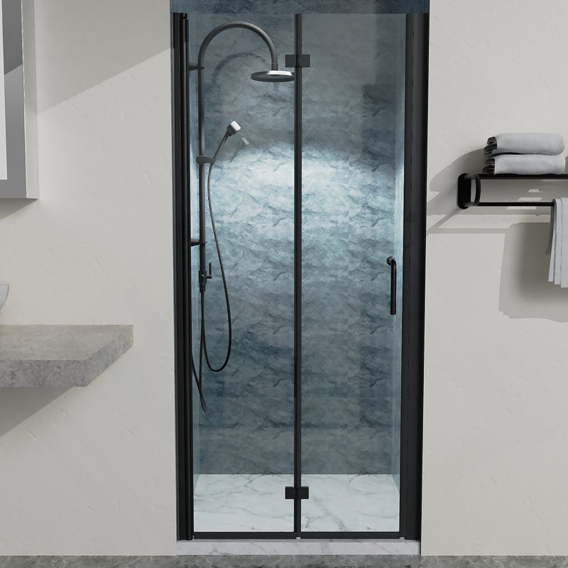 Portes de douche pliantes demi-cadre en noir mat avec verre transparent l 34 à 35 3/8 po x H 72 po